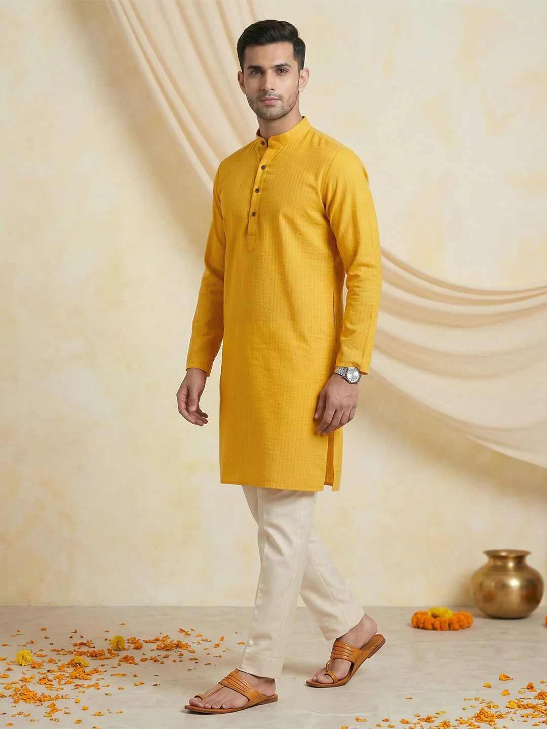 Men Cotton Full Length Self Design Pocket Kurta Orangy Yellow Y4 - Image 5