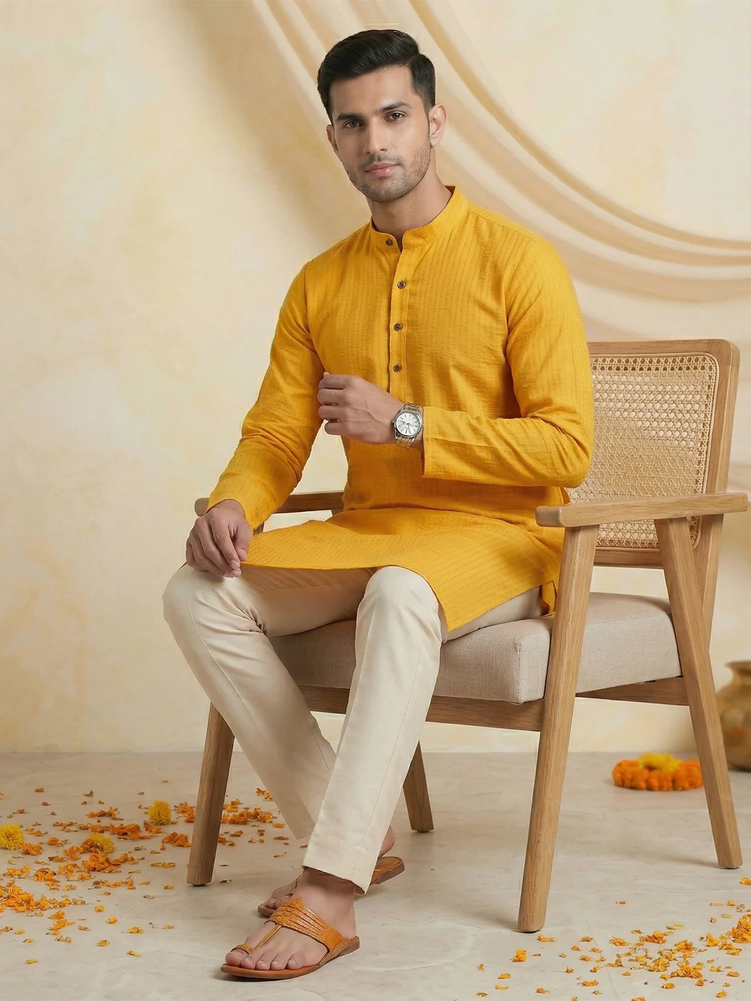 Men Cotton Full Length Self Design Pocket Kurta Orangy Yellow Y4 - Image 6