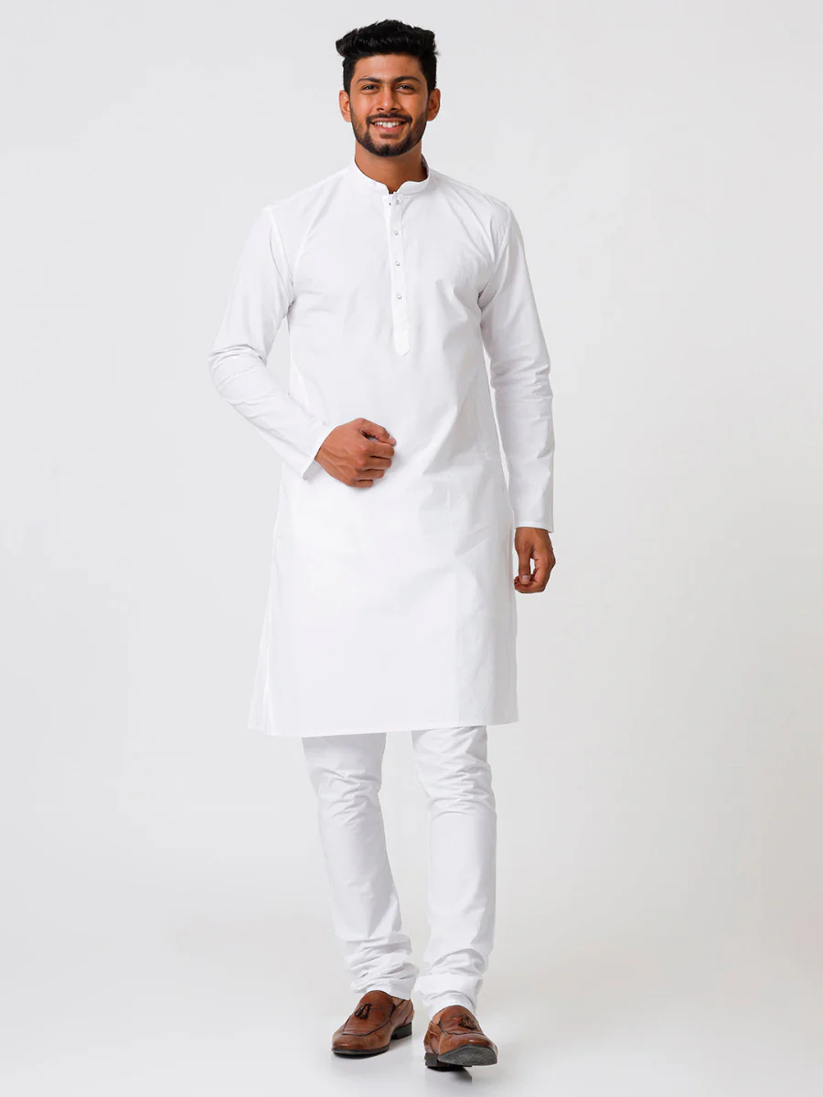 Men Cotton Full Length White Kurta and Pyjama Set
