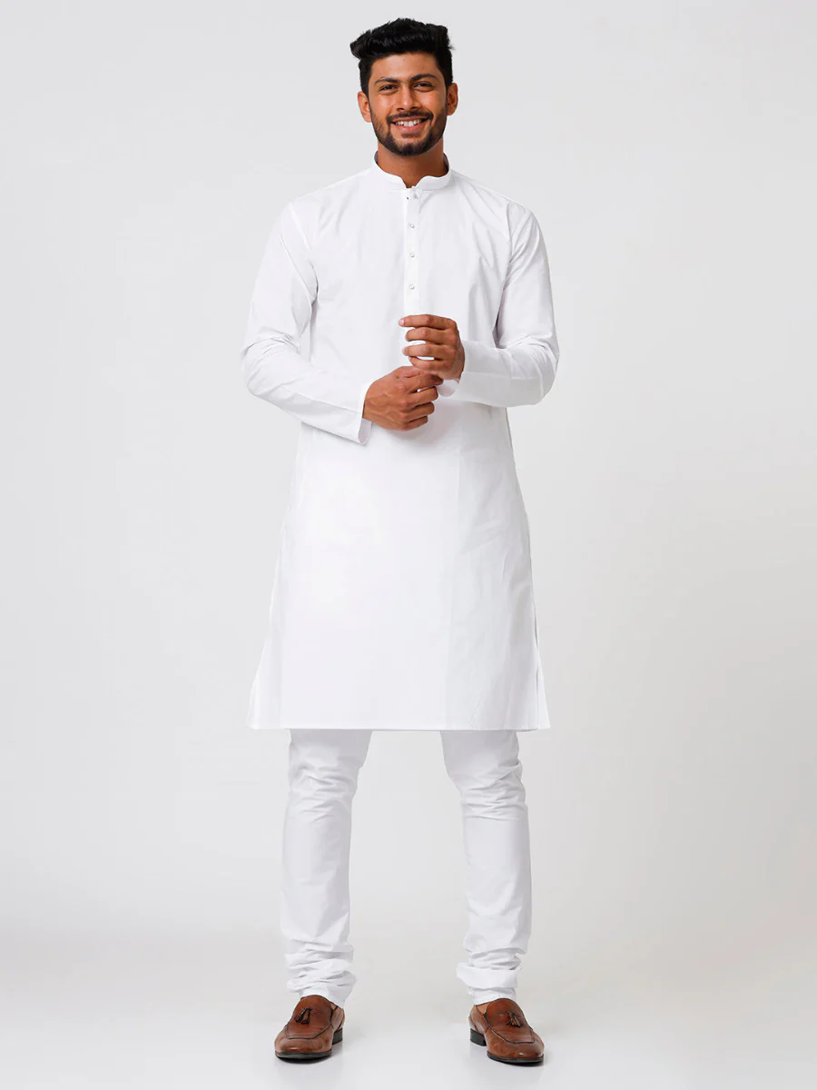 Men Cotton Full Length White Kurta and Pyjama Set - Image 2