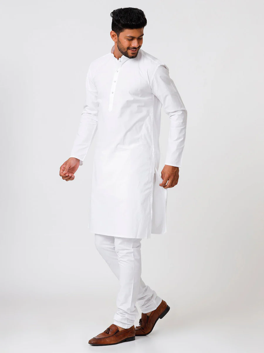 Men Cotton Full Length White Kurta and Pyjama Set - Image 3