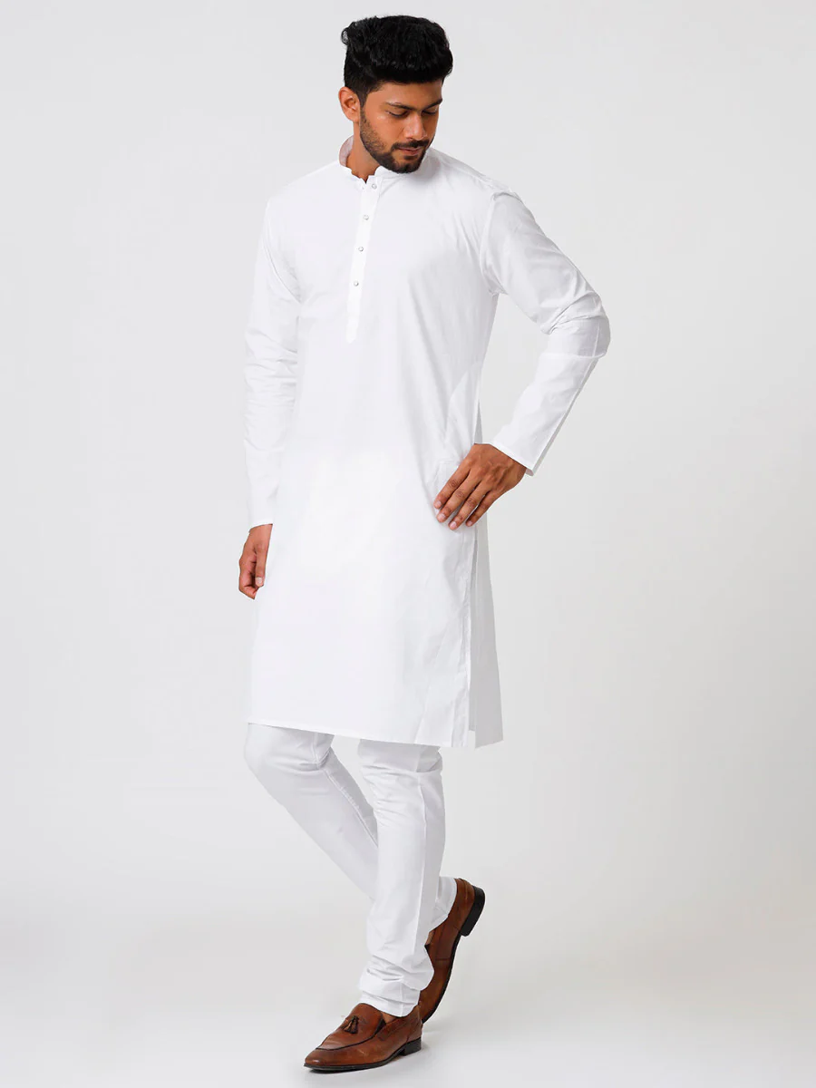 Men Cotton Full Length White Kurta and Pyjama Set - Image 4