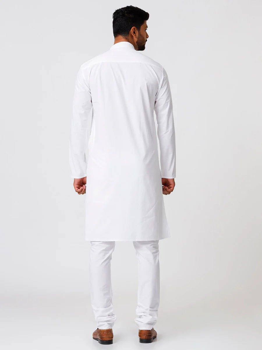 Men Cotton Full Length White Kurta and Pyjama Set - Image 5