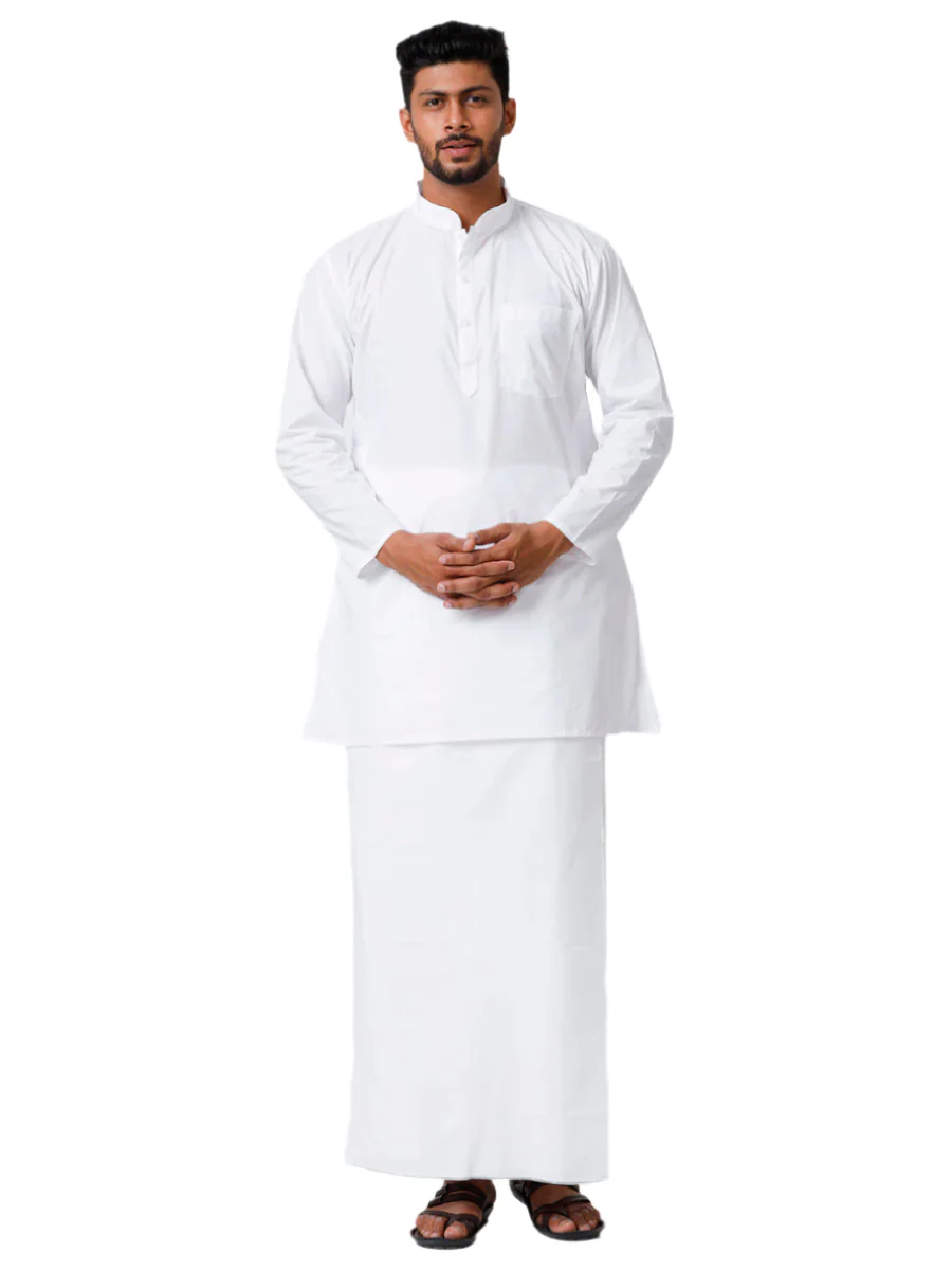 Men Cotton Full Sleeve White Kurta Top with Prayer Dhoti Combo Quba - Image 2