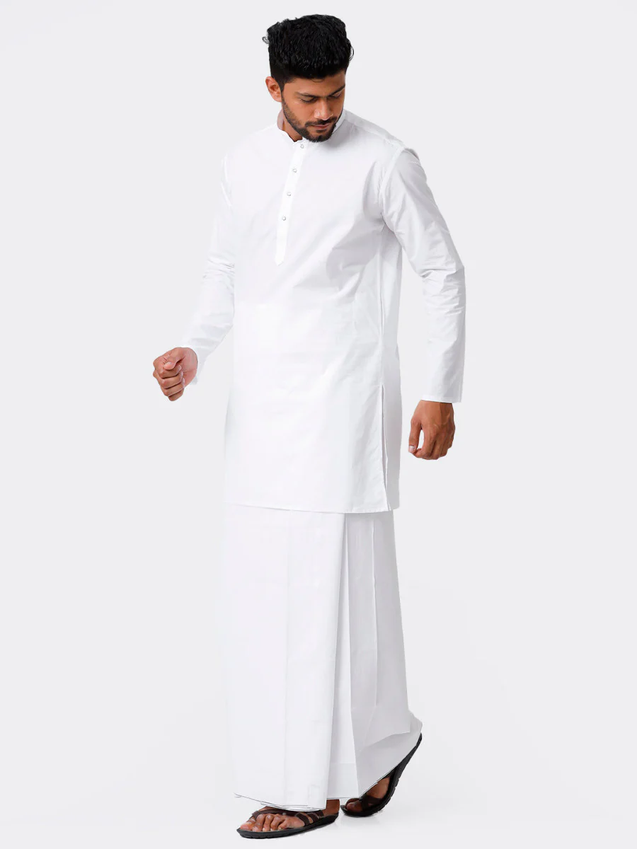 Men Cotton Full Sleeve White Medium Kurta with Stitched Prayer Dhoti Combo - Image 2