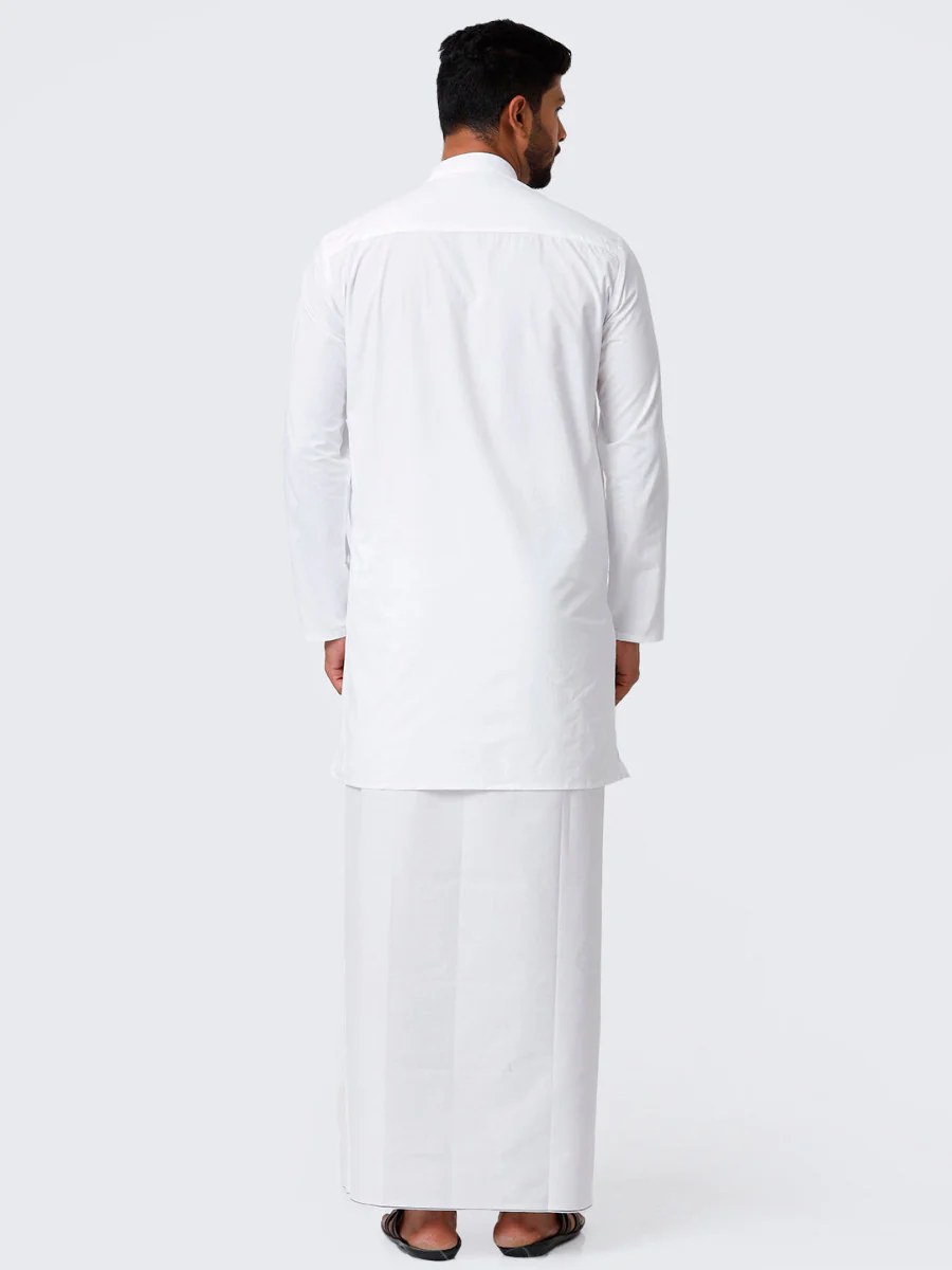 Men Cotton Full Sleeve White Medium Kurta with Stitched Prayer Dhoti Combo - Image 3