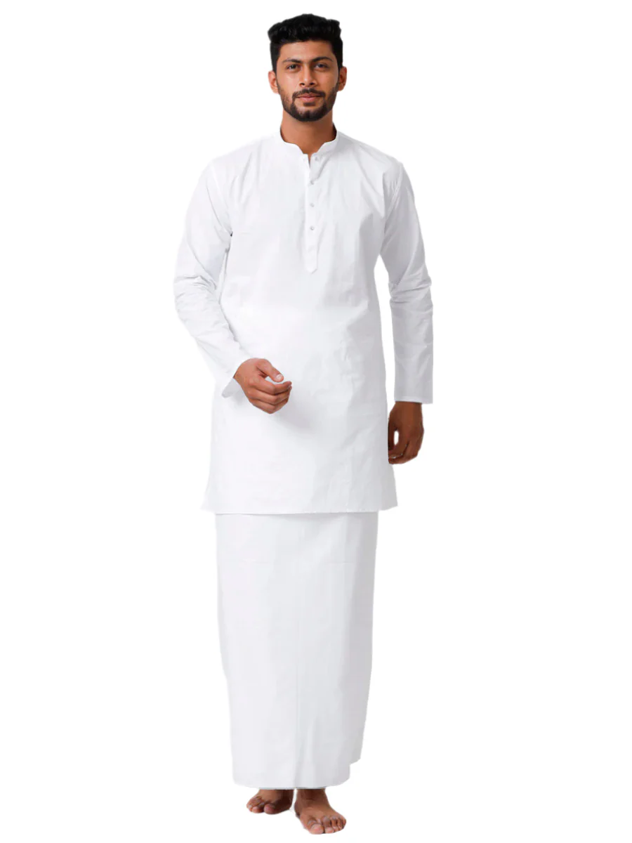 Men Cotton Full Sleeves White Medium Kurta with Prayer Dhoti Combo Quba