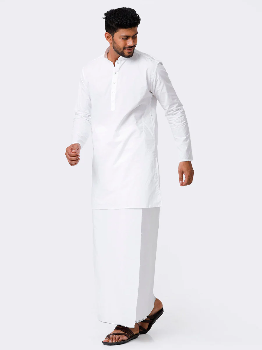 Men Cotton Full Sleeves White Medium Kurta with Prayer Dhoti Combo Quba - Image 2