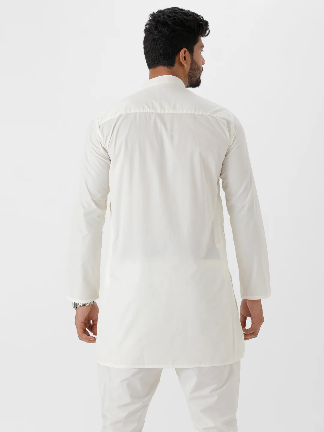 Men Cotton Medium Length Plain Kurta Cream - Image 3