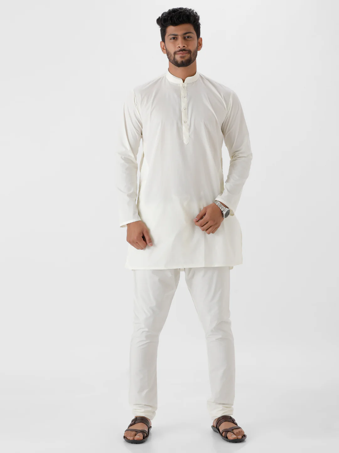 Men Cotton Medium Length Plain Kurta Cream - Image 5
