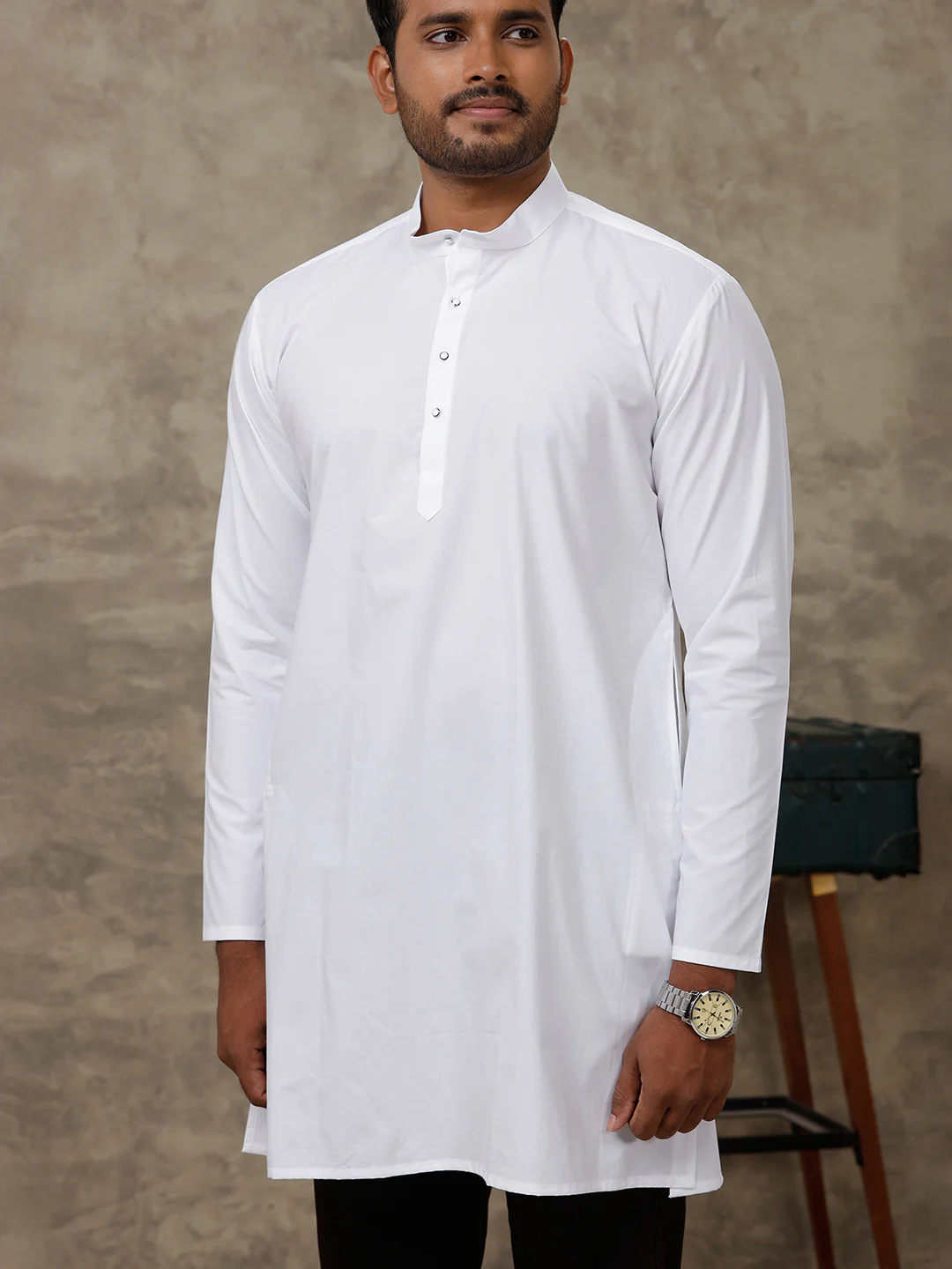 Men Cotton Medium Length Plain Kurta White - Image 3