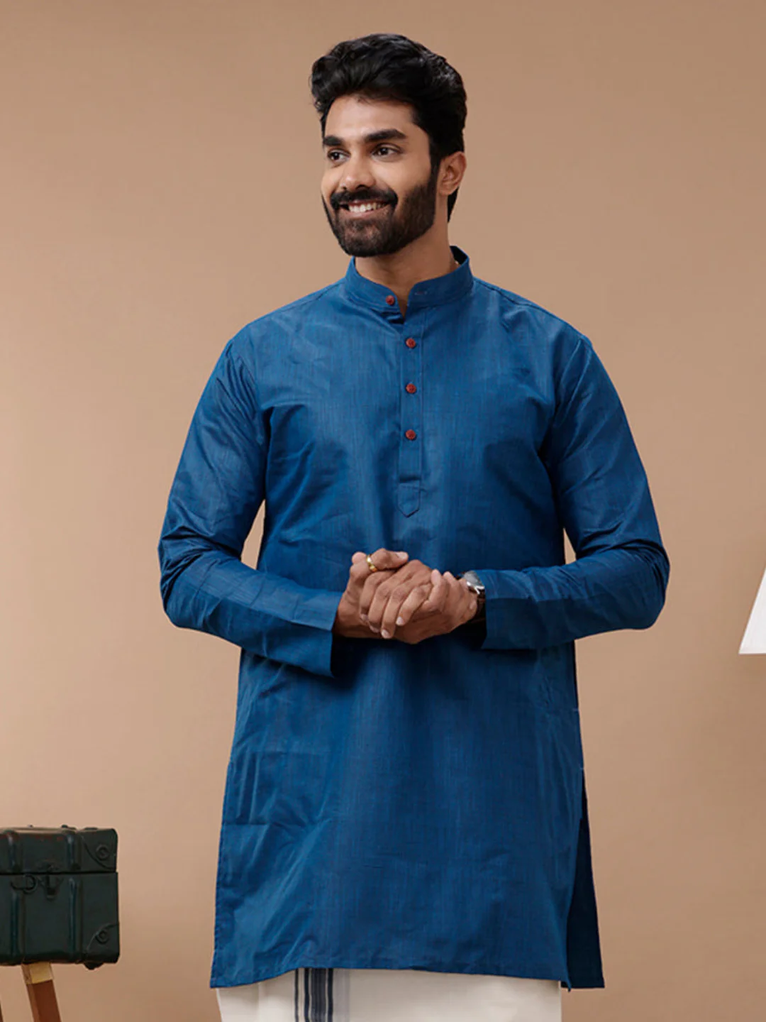 Men Cotton Medium Length Plain Pocket Kurta Blue FS8