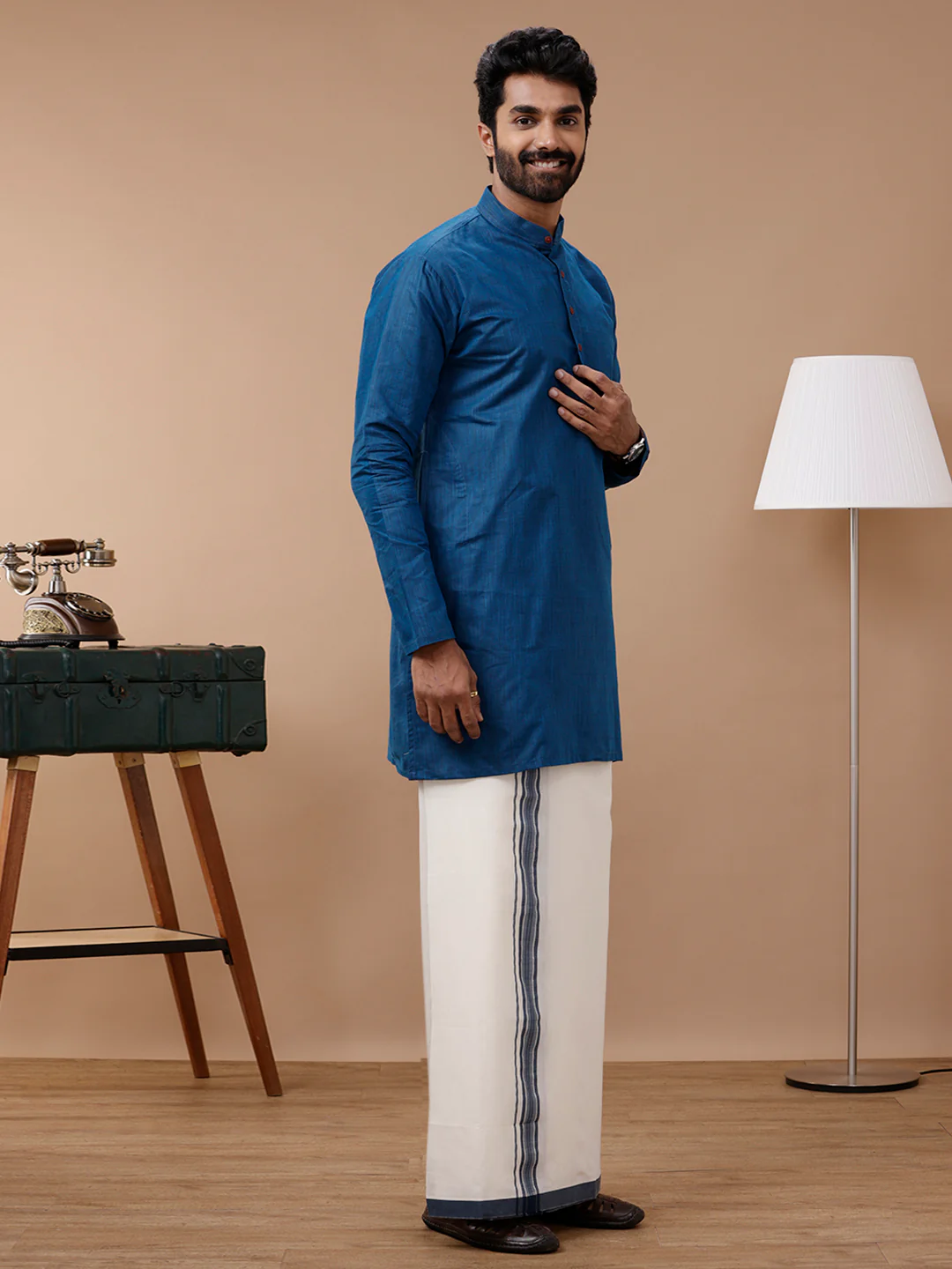 Men Cotton Medium Length Plain Pocket Kurta Blue FS8 - Image 2