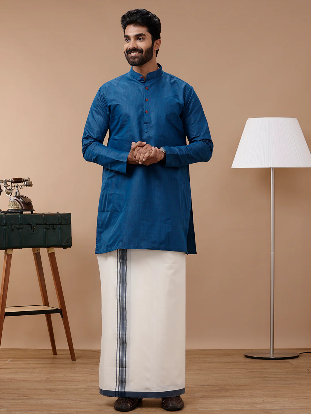 Men Cotton Medium Length Plain Pocket Kurta Blue FS8 - Image 3