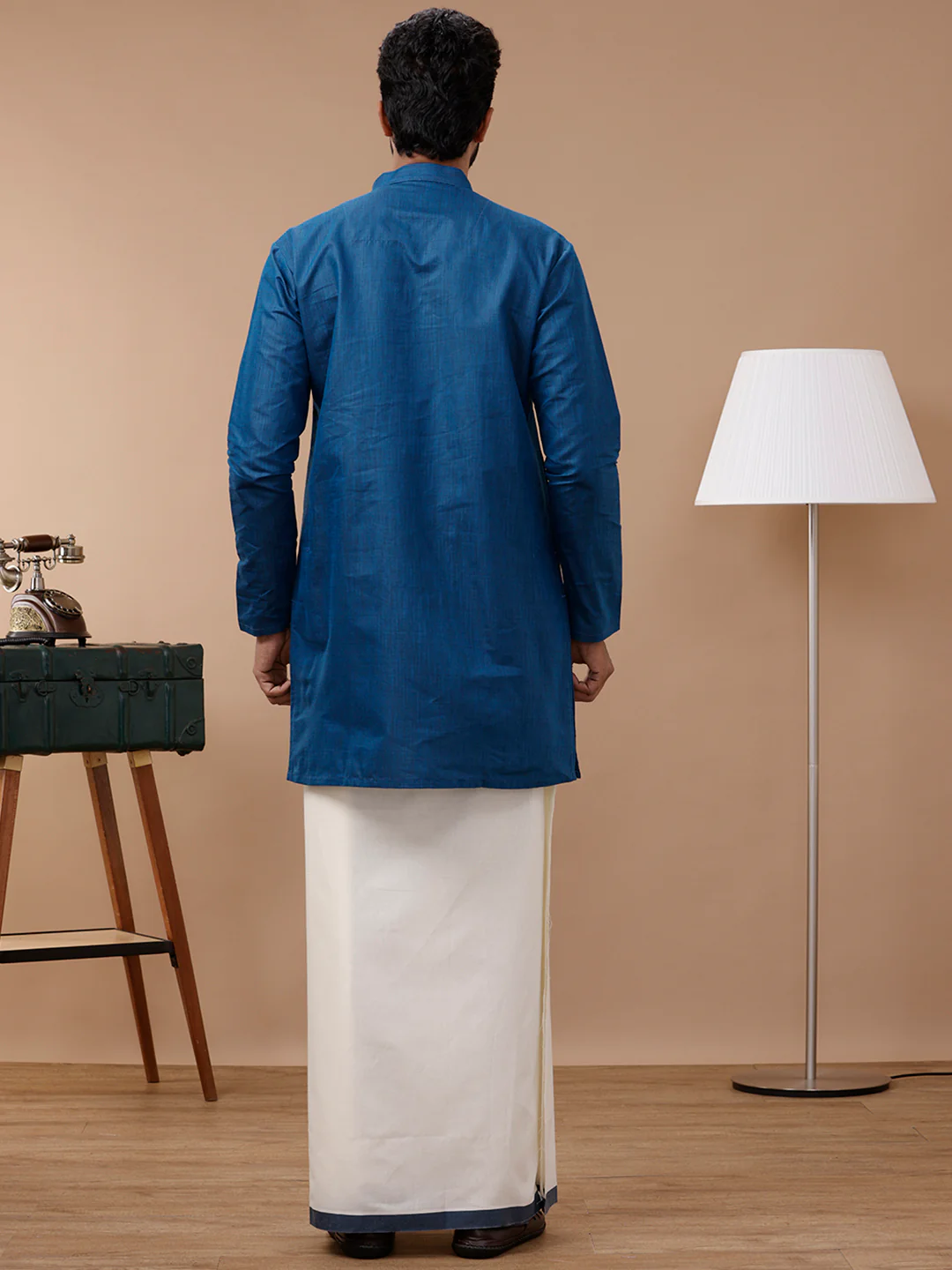 Men Cotton Medium Length Plain Pocket Kurta Blue FS8 - Image 4