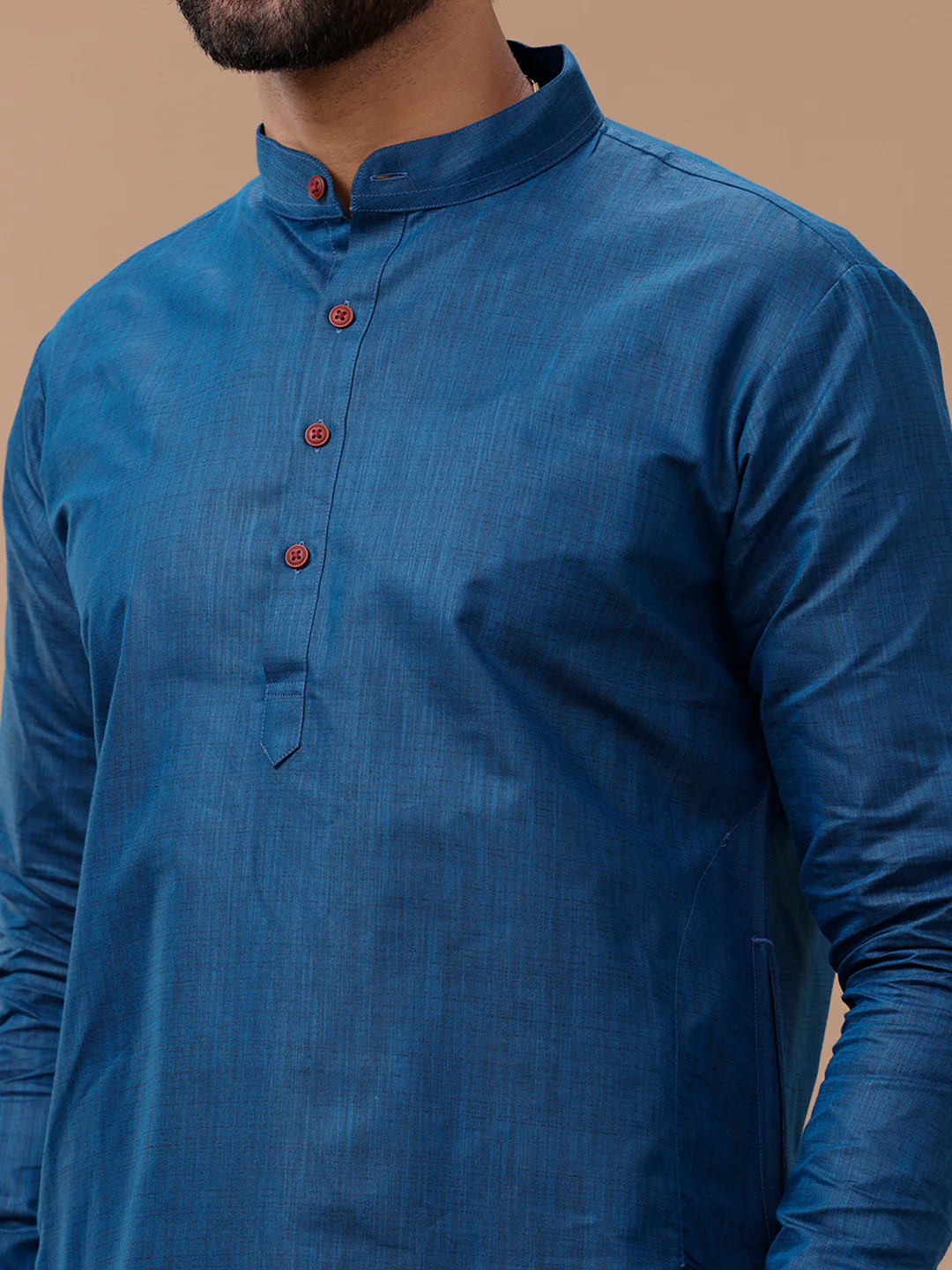 Men Cotton Medium Length Plain Pocket Kurta Blue FS8 - Image 5