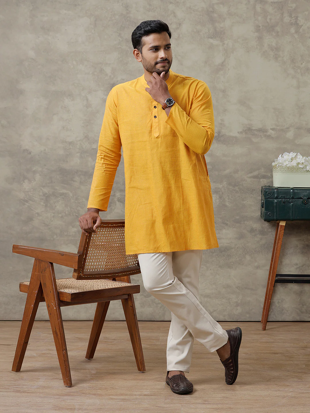 Men Cotton Medium Length Plain Pocket Kurta Chrome Yellow Y22 - Image 2