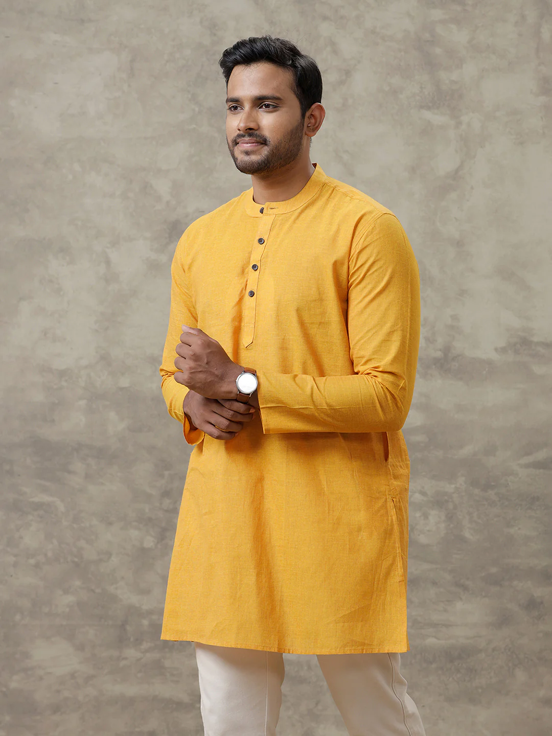 Men Cotton Medium Length Plain Pocket Kurta Chrome Yellow Y22 - Image 3