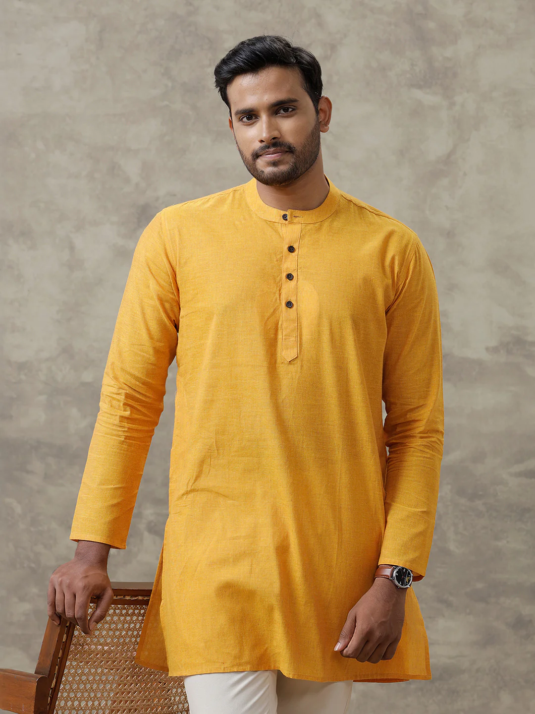 Men Cotton Medium Length Plain Pocket Kurta Chrome Yellow Y22 - Image 4