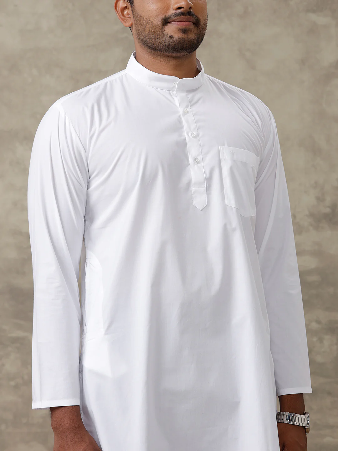 Men Cotton Medium Length Plain Pocket Kurta White - Image 4