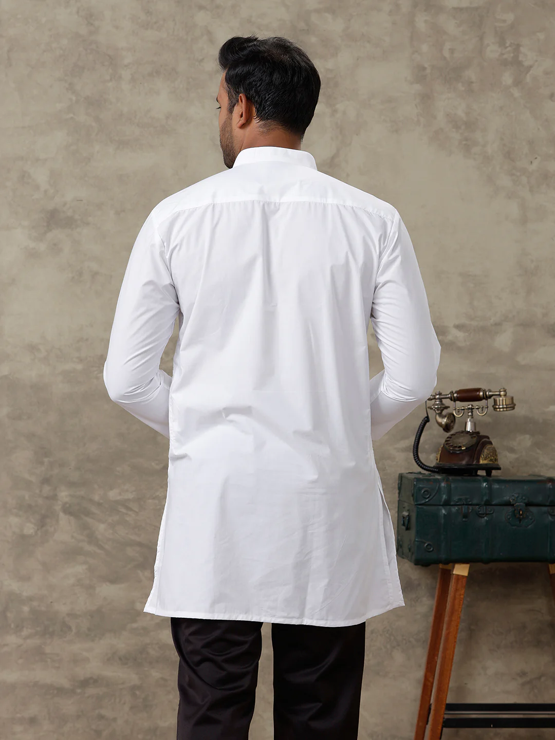 Men Cotton Medium Length Plain Pocket Kurta White - Image 6