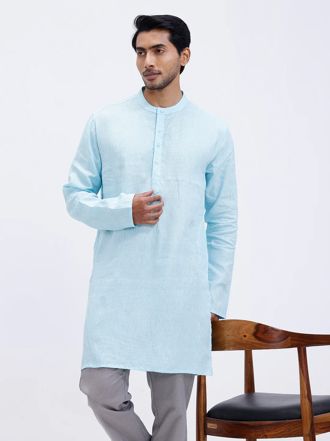 Men Pure Linen Medium Length Plain Pocket Kurta Light Mint Blue KAL4 - Image 2