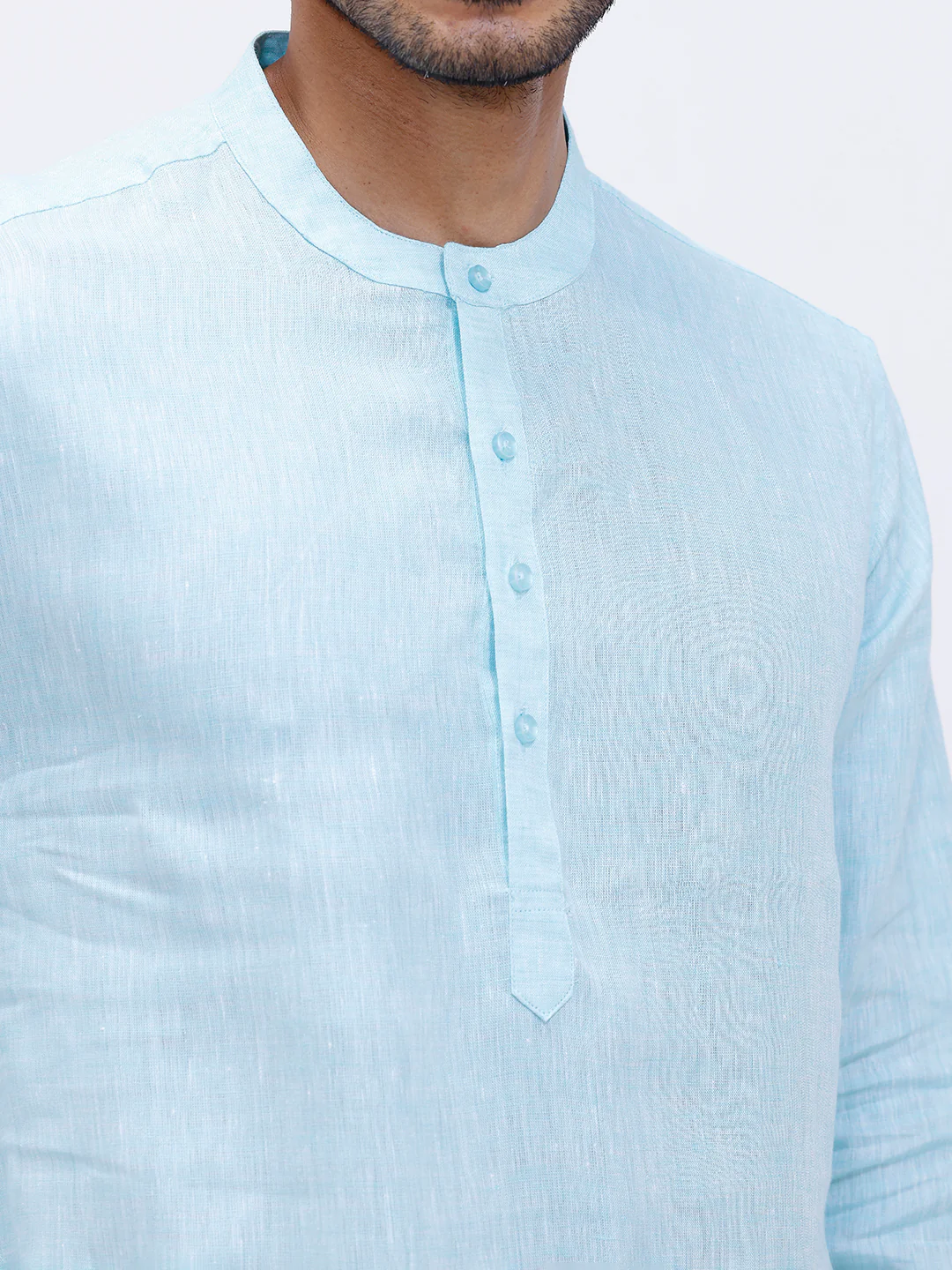 Men Pure Linen Medium Length Plain Pocket Kurta Light Mint Blue KAL4 - Image 3