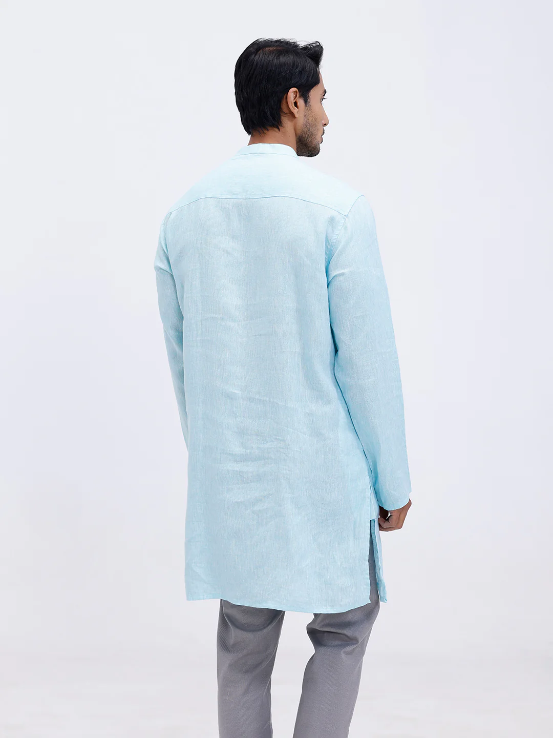 Men Pure Linen Medium Length Plain Pocket Kurta Light Mint Blue KAL4 - Image 4