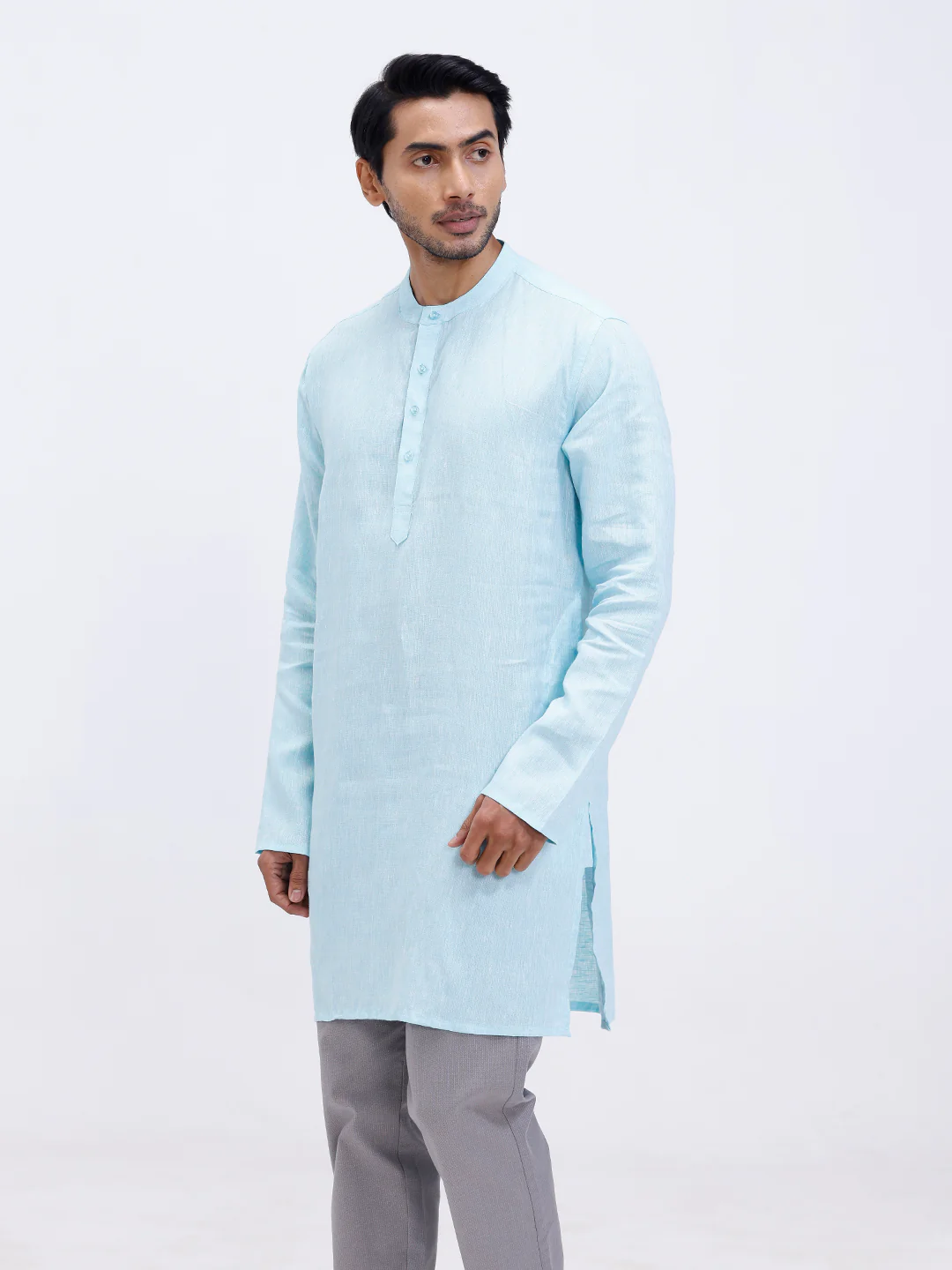 Men Pure Linen Medium Length Plain Pocket Kurta Light Mint Blue KAL4 - Image 5