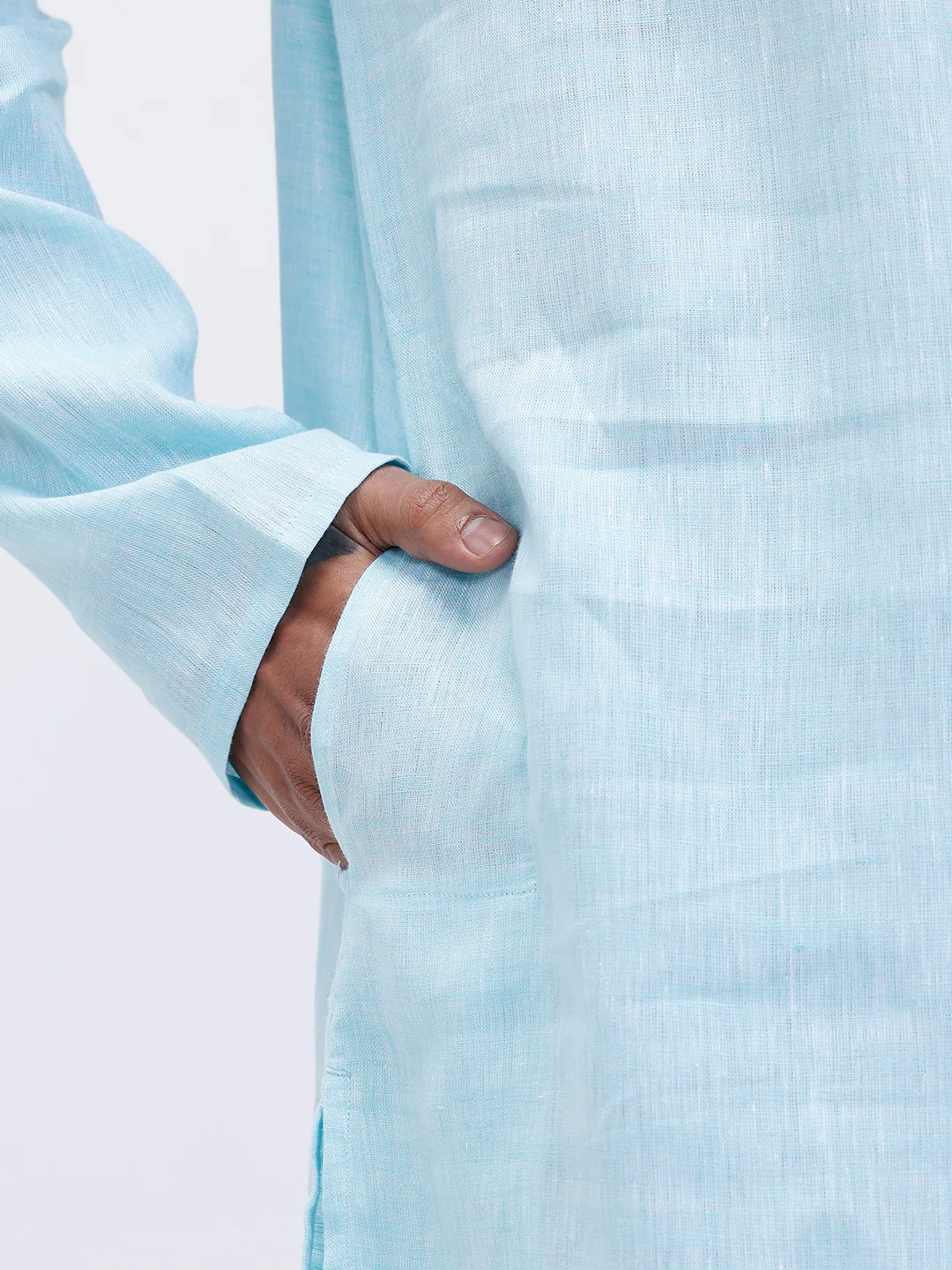 Men Pure Linen Medium Length Plain Pocket Kurta Light Mint Blue KAL4 - Image 6