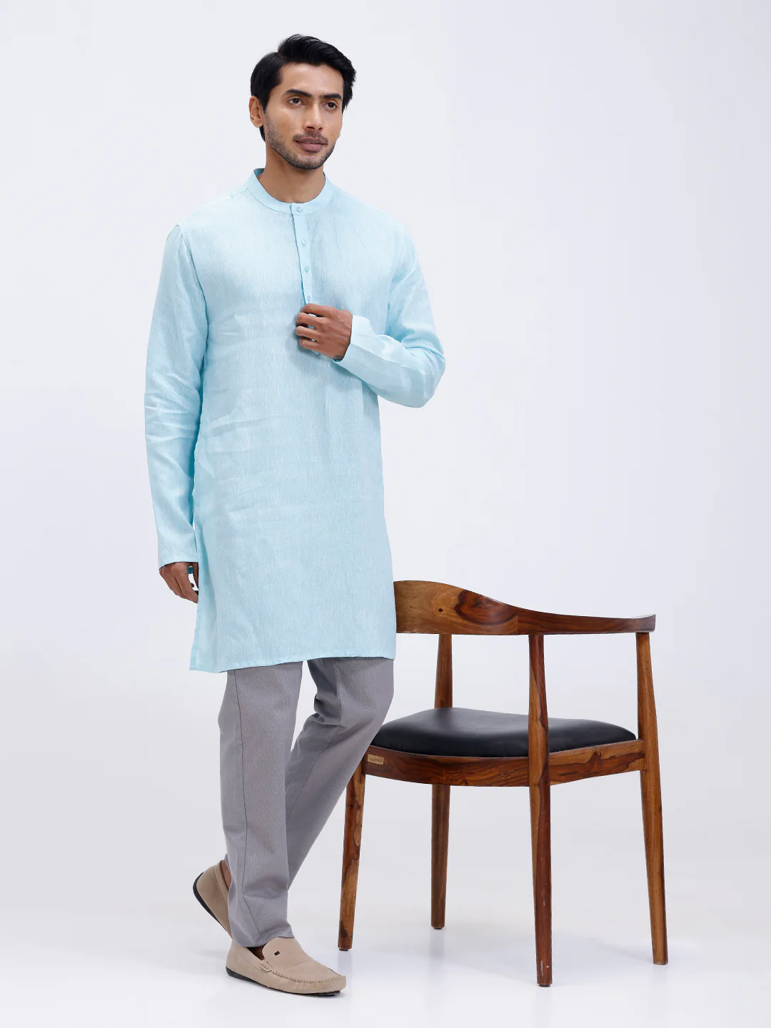 Men Pure Linen Medium Length Plain Pocket Kurta Light Mint Blue KAL4 - Image 7