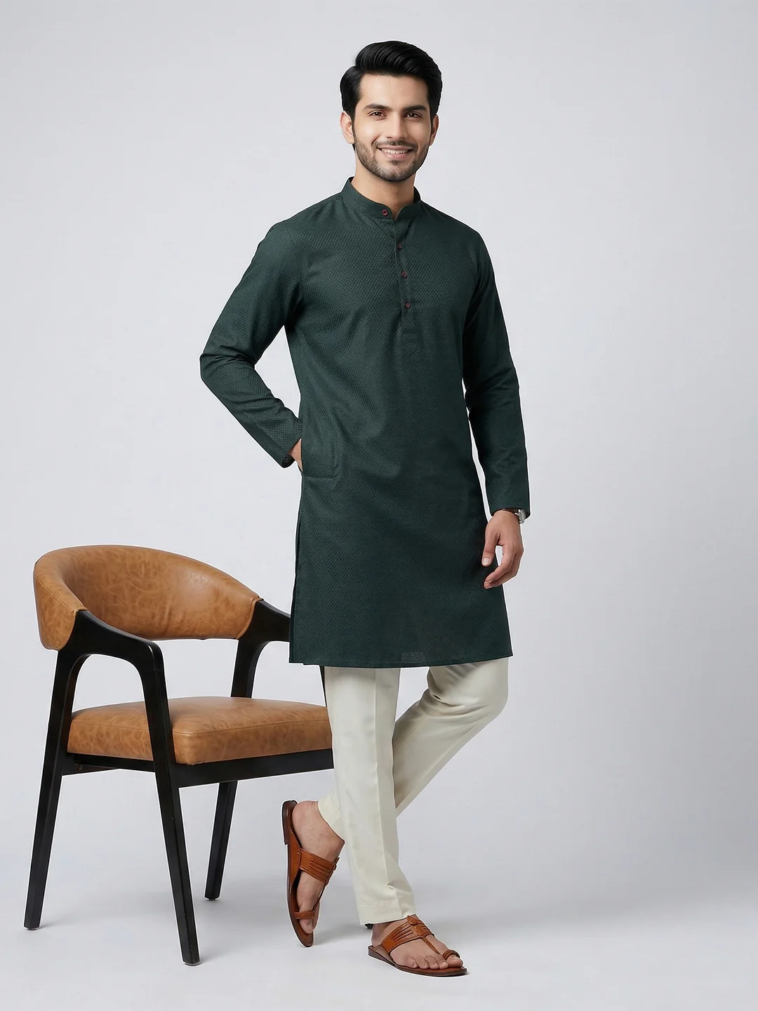 Men Cotton Medium Length Printed Pocket Kurta Bottle Green MHJ8 - Image 2