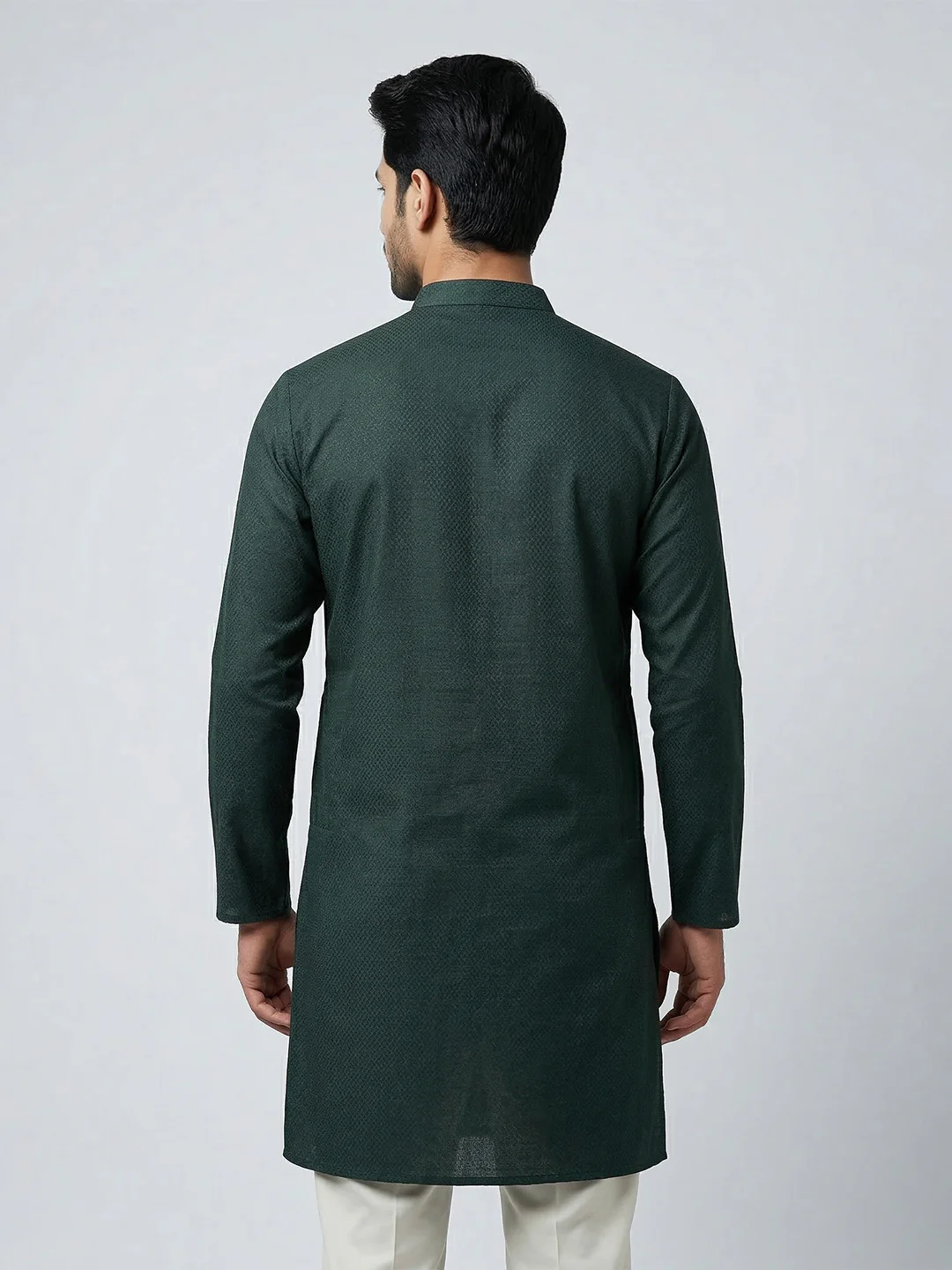 Men Cotton Medium Length Printed Pocket Kurta Bottle Green MHJ8 - Image 4