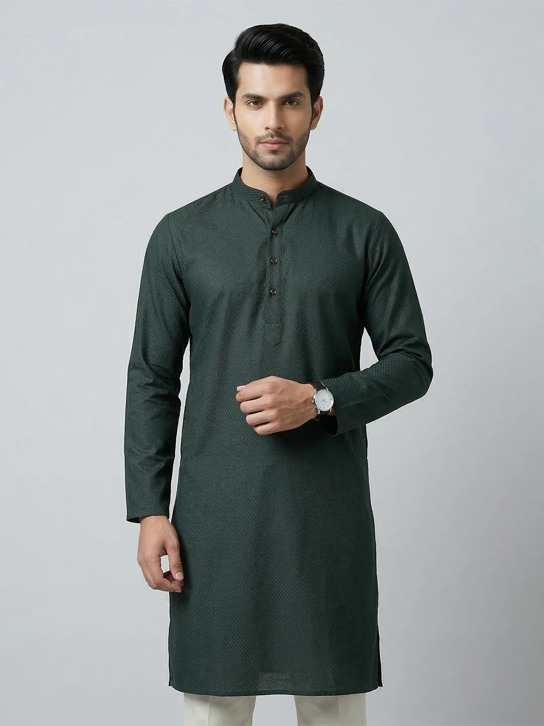 Men Cotton Medium Length Printed Pocket Kurta Bottle Green MHJ8 - Image 5