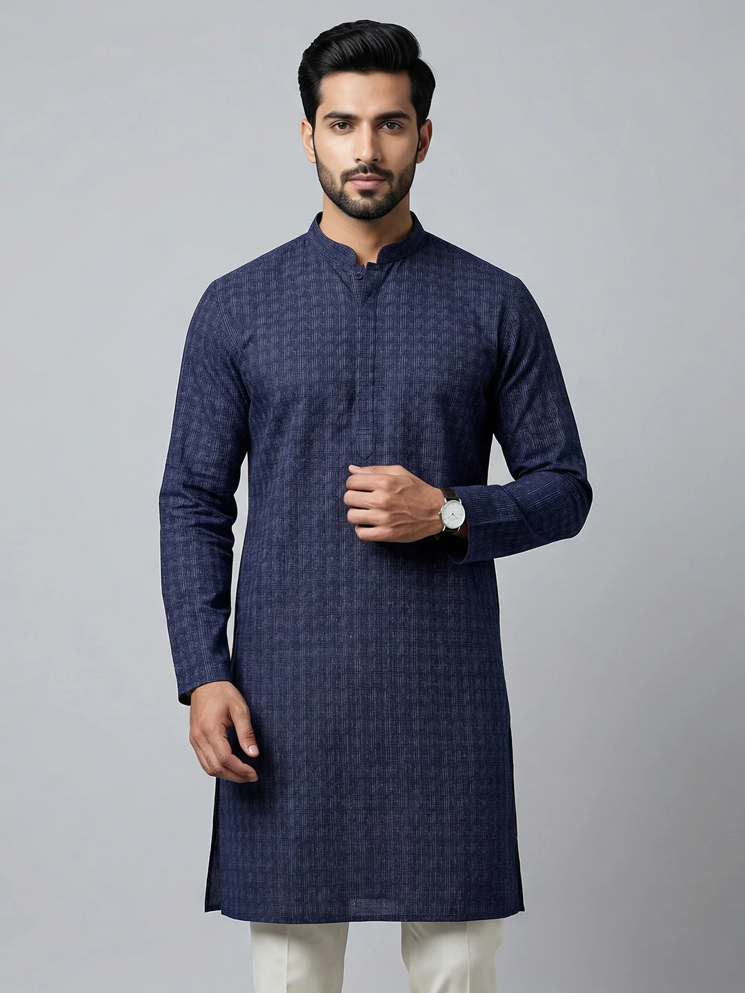 Men Cotton Medium Length Printed Pocket Kurta Dark Blue RN48 - Image 2