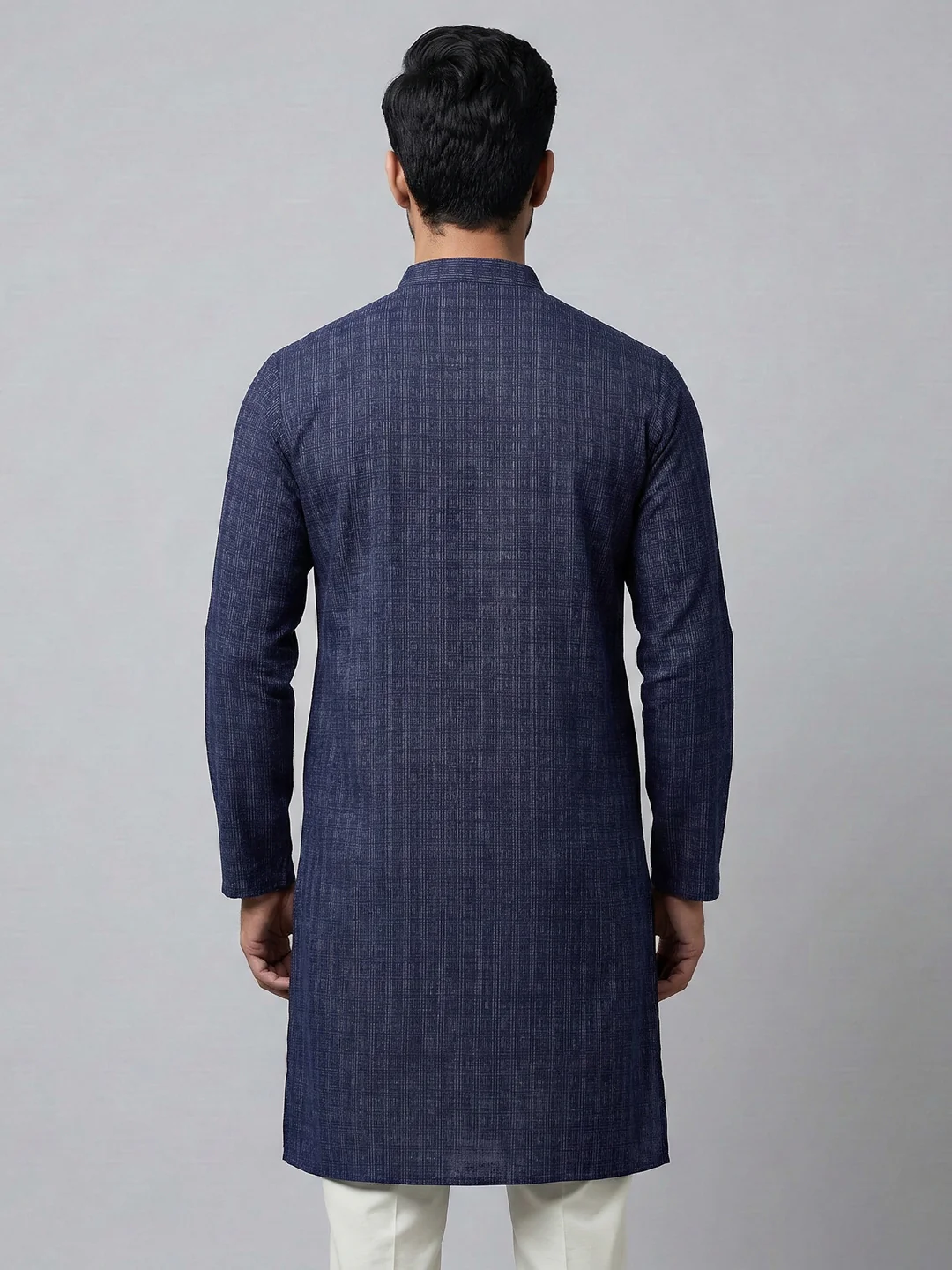Men Cotton Medium Length Printed Pocket Kurta Dark Blue RN48 - Image 3