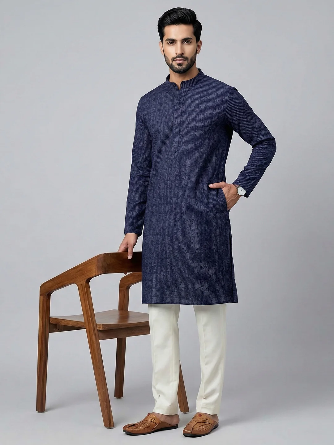 Men Cotton Medium Length Printed Pocket Kurta Dark Blue RN48 - Image 5