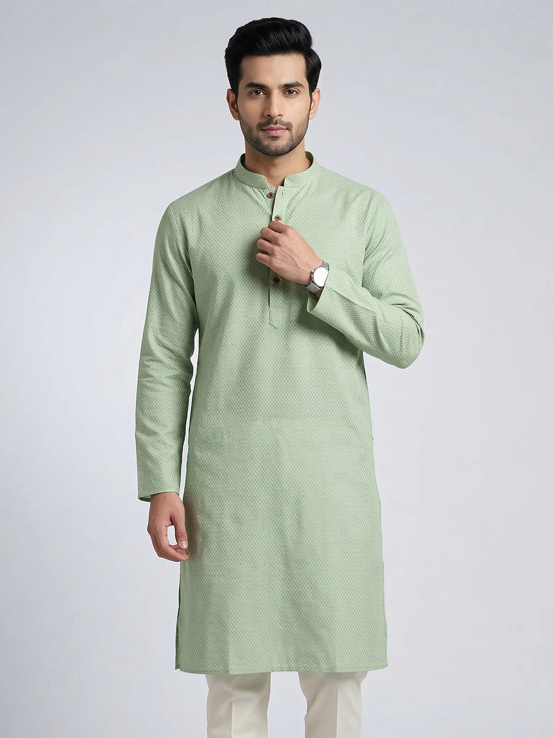 Men Cotton Medium Length Printed Pocket Kurta Green MHJ7