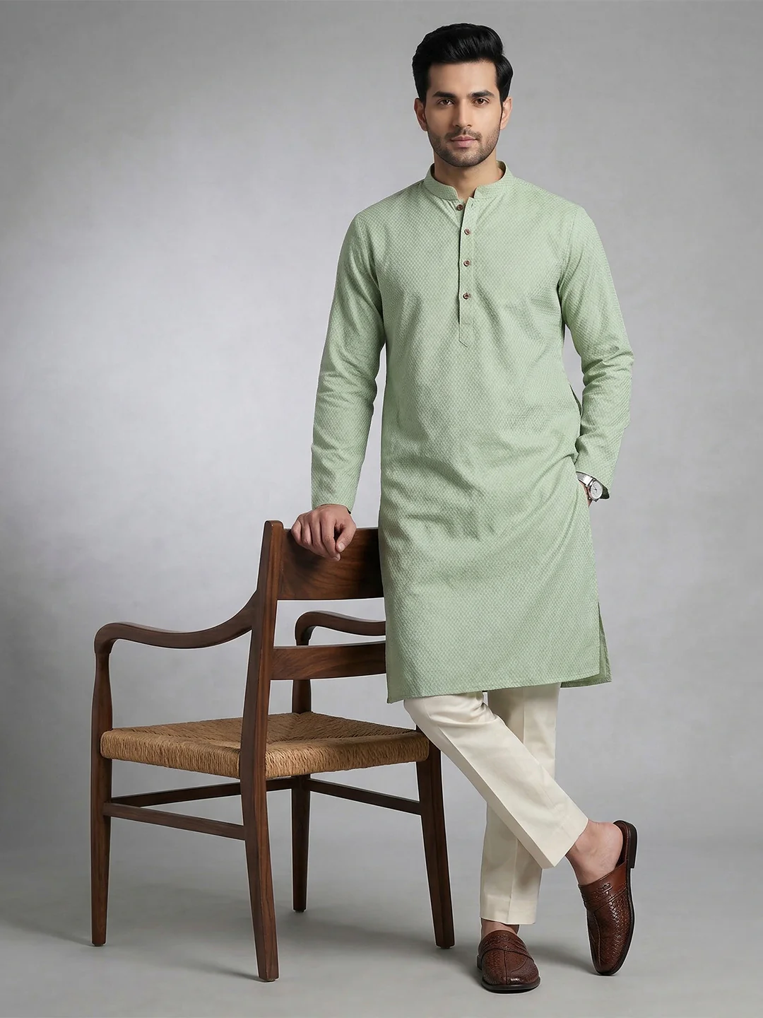 Men Cotton Medium Length Printed Pocket Kurta Green MHJ7 - Image 2