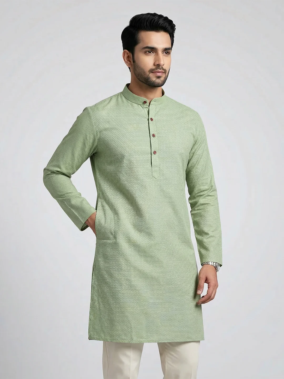 Men Cotton Medium Length Printed Pocket Kurta Green MHJ7 - Image 5