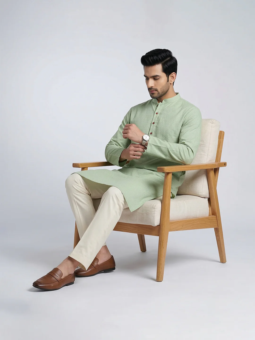 Men Cotton Medium Length Printed Pocket Kurta Green MHJ7 - Image 6