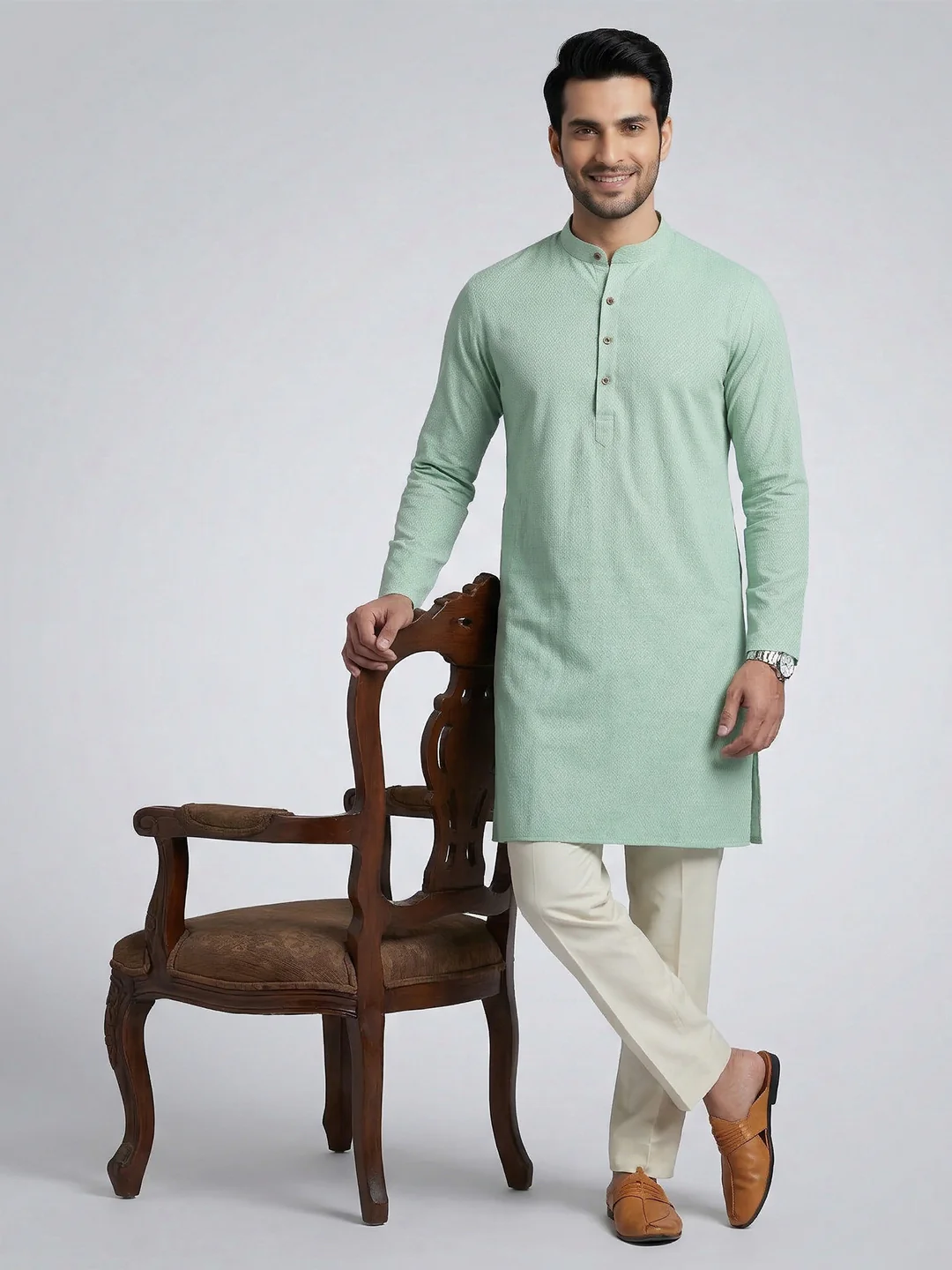 Men Cotton Medium Length Printed Pocket Kurta Greenish Blue MHJ6 - Image 2