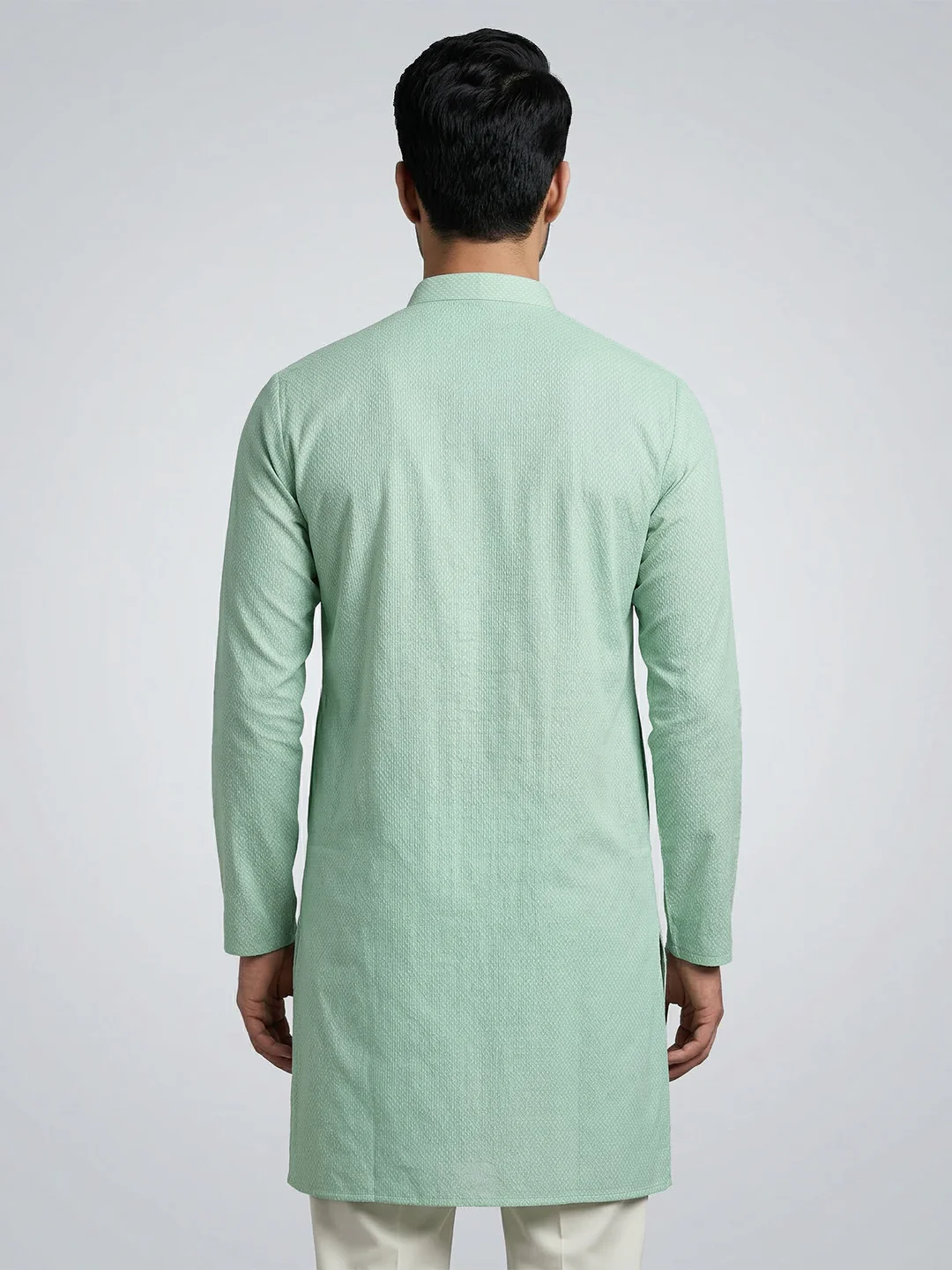 Men Cotton Medium Length Printed Pocket Kurta Greenish Blue MHJ6 - Image 4