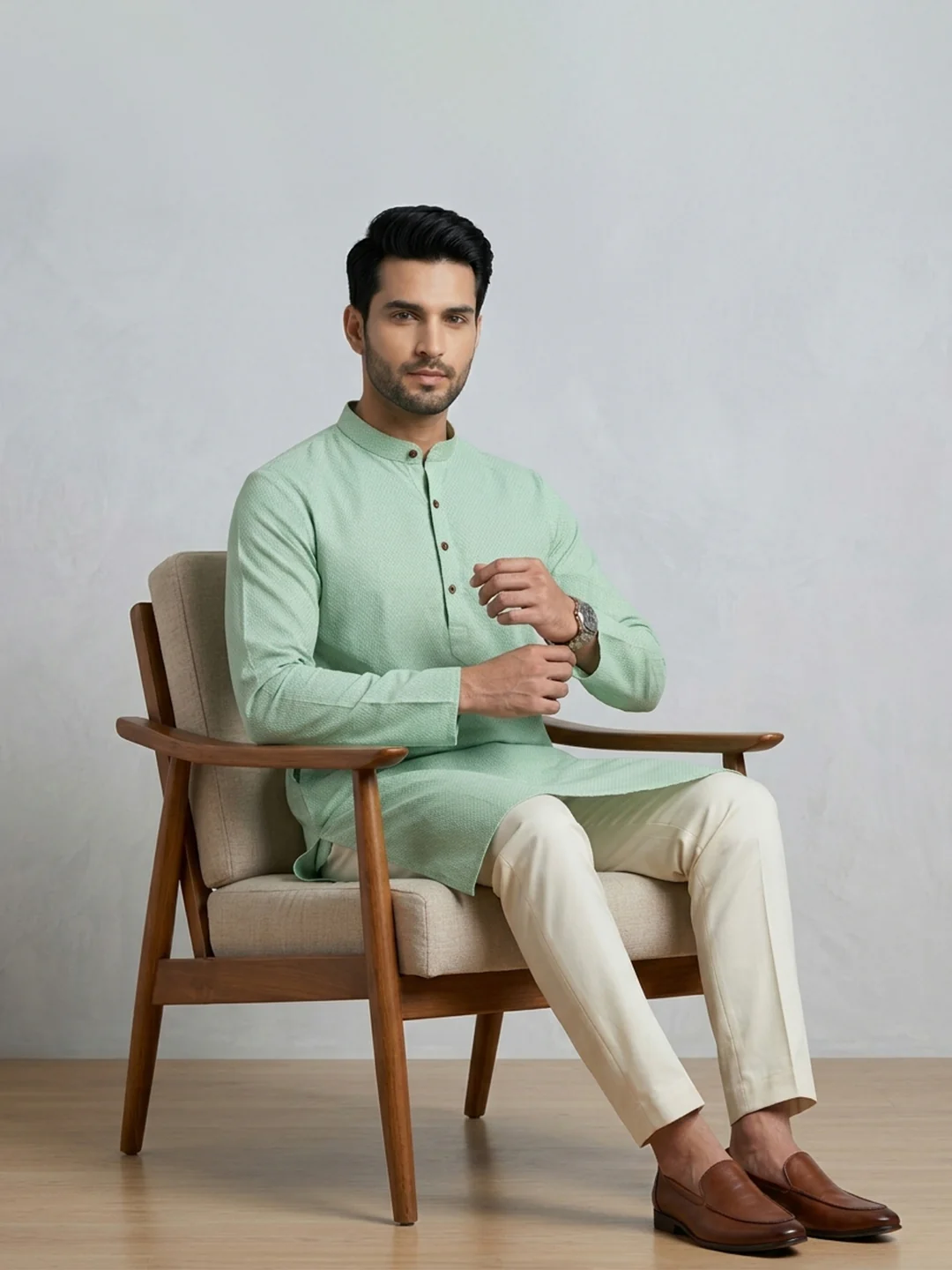 Men Cotton Medium Length Printed Pocket Kurta Greenish Blue MHJ6 - Image 5