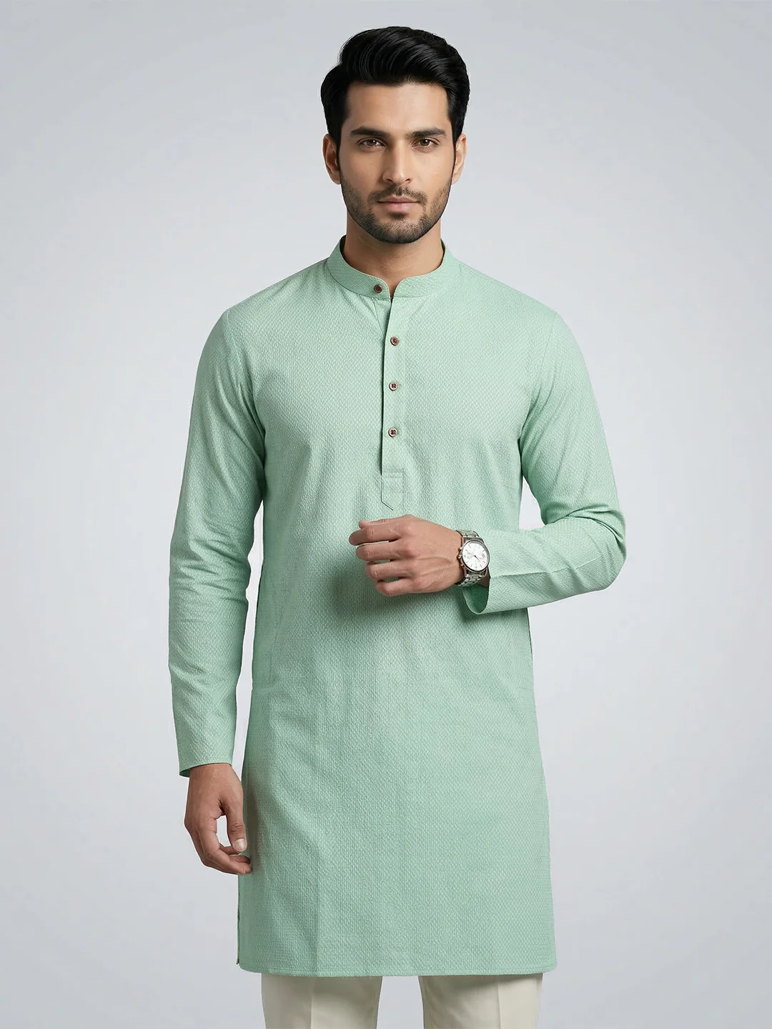 Men Cotton Medium Length Printed Pocket Kurta Greenish Blue MHJ6 - Image 6