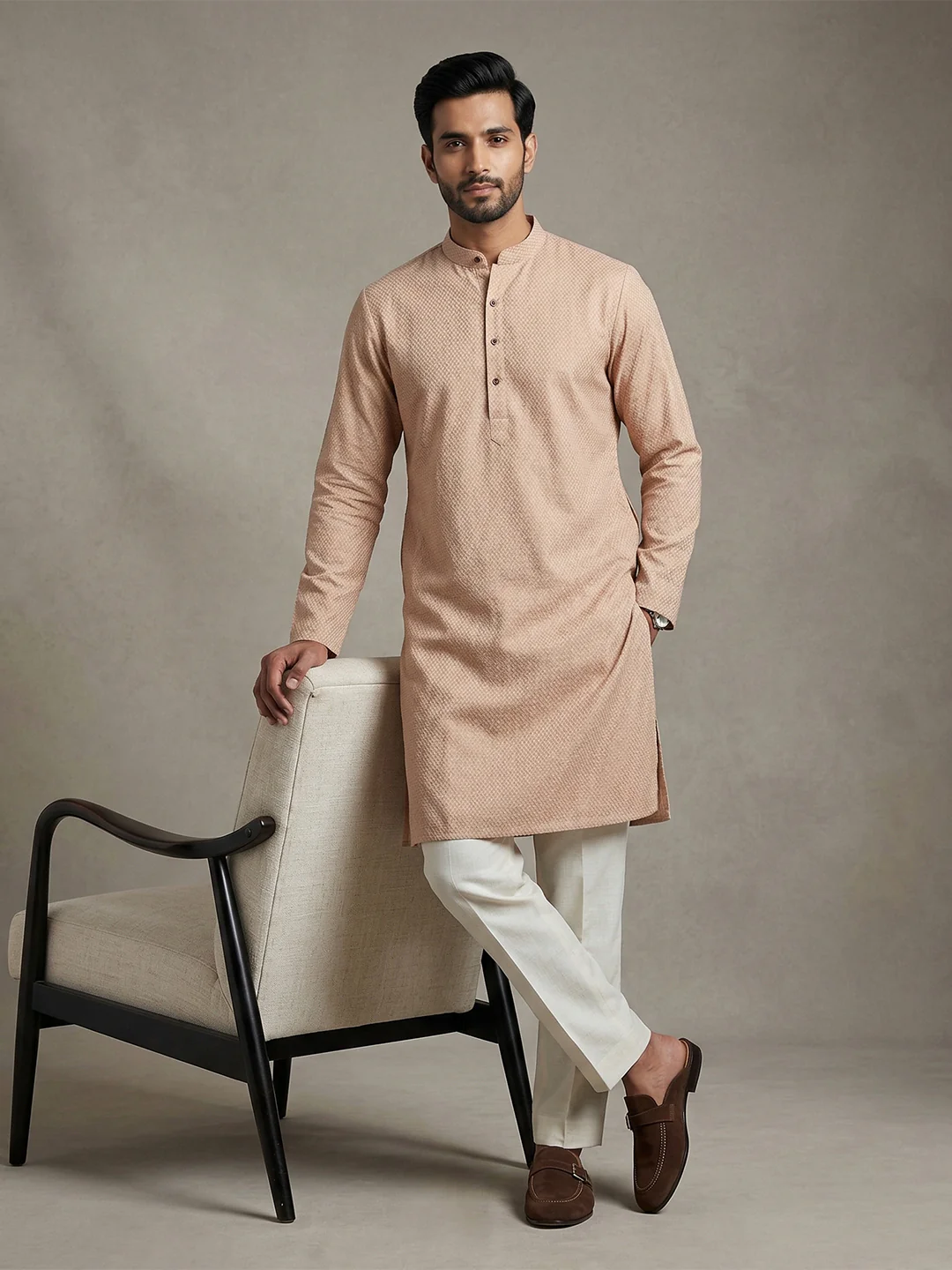 Men Cotton Medium Length Printed Pocket Kurta Light Purple MHJ1 - Image 2