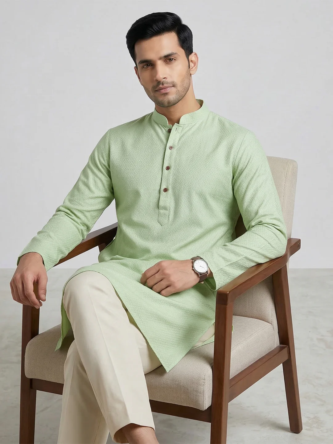 Men Cotton Medium Length Printed Pocket Kurta Mint Green MHJ4 - Image 2