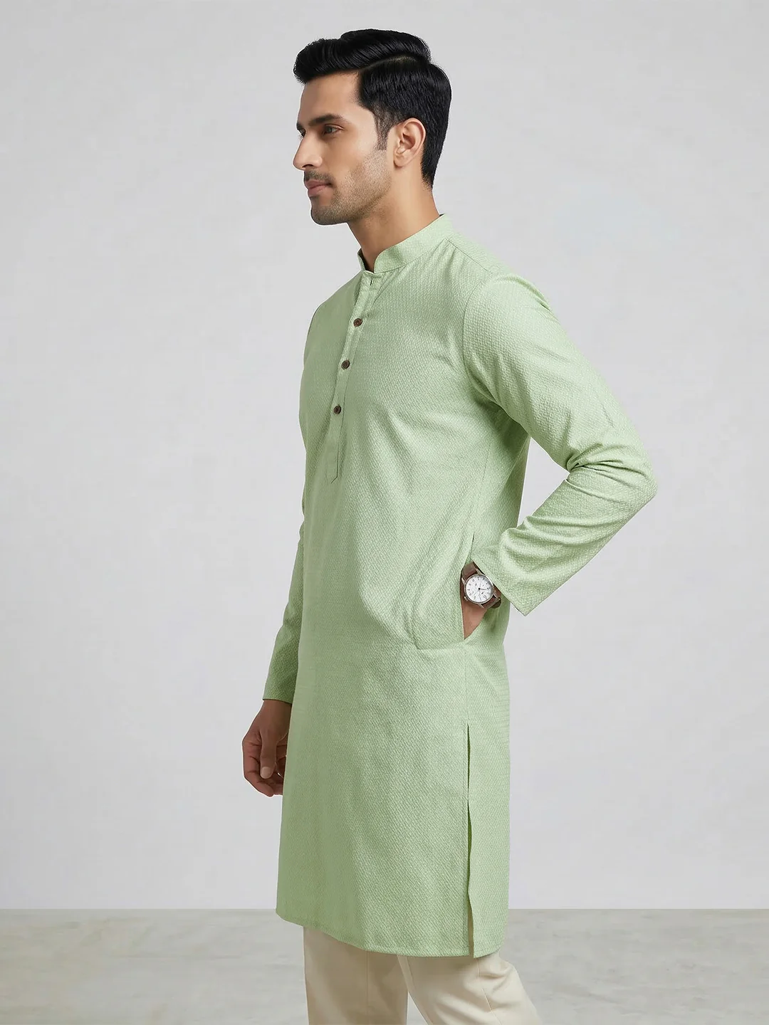 Men Cotton Medium Length Printed Pocket Kurta Mint Green MHJ4 - Image 3