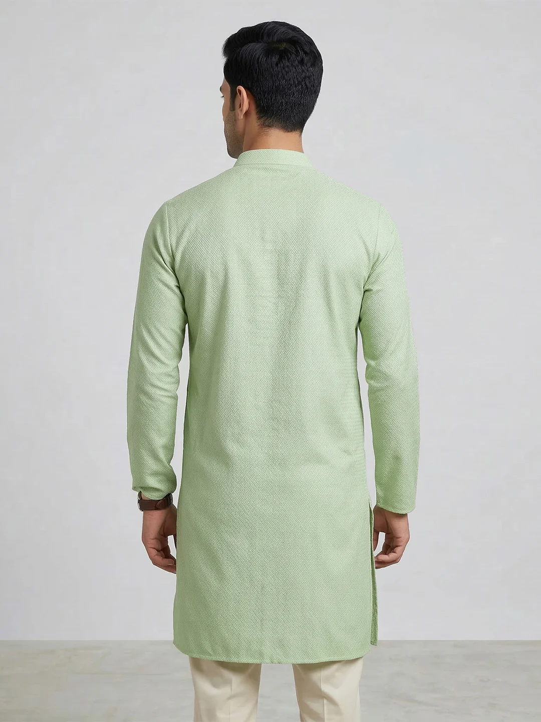 Men Cotton Medium Length Printed Pocket Kurta Mint Green MHJ4 - Image 5