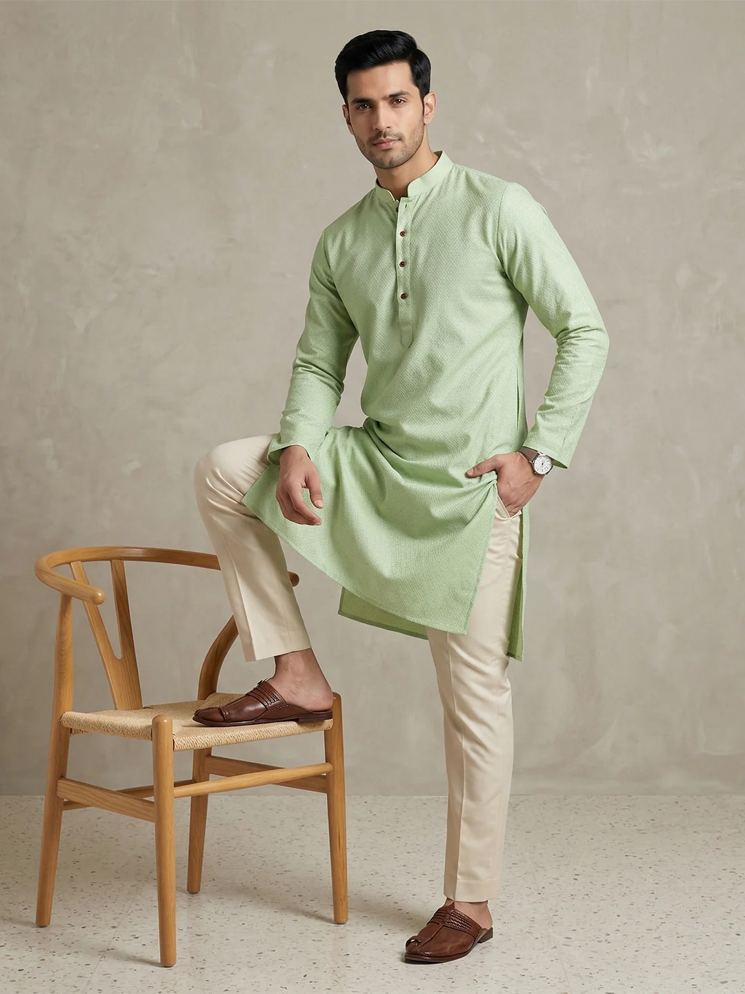 Men Cotton Medium Length Printed Pocket Kurta Mint Green MHJ4 - Image 6